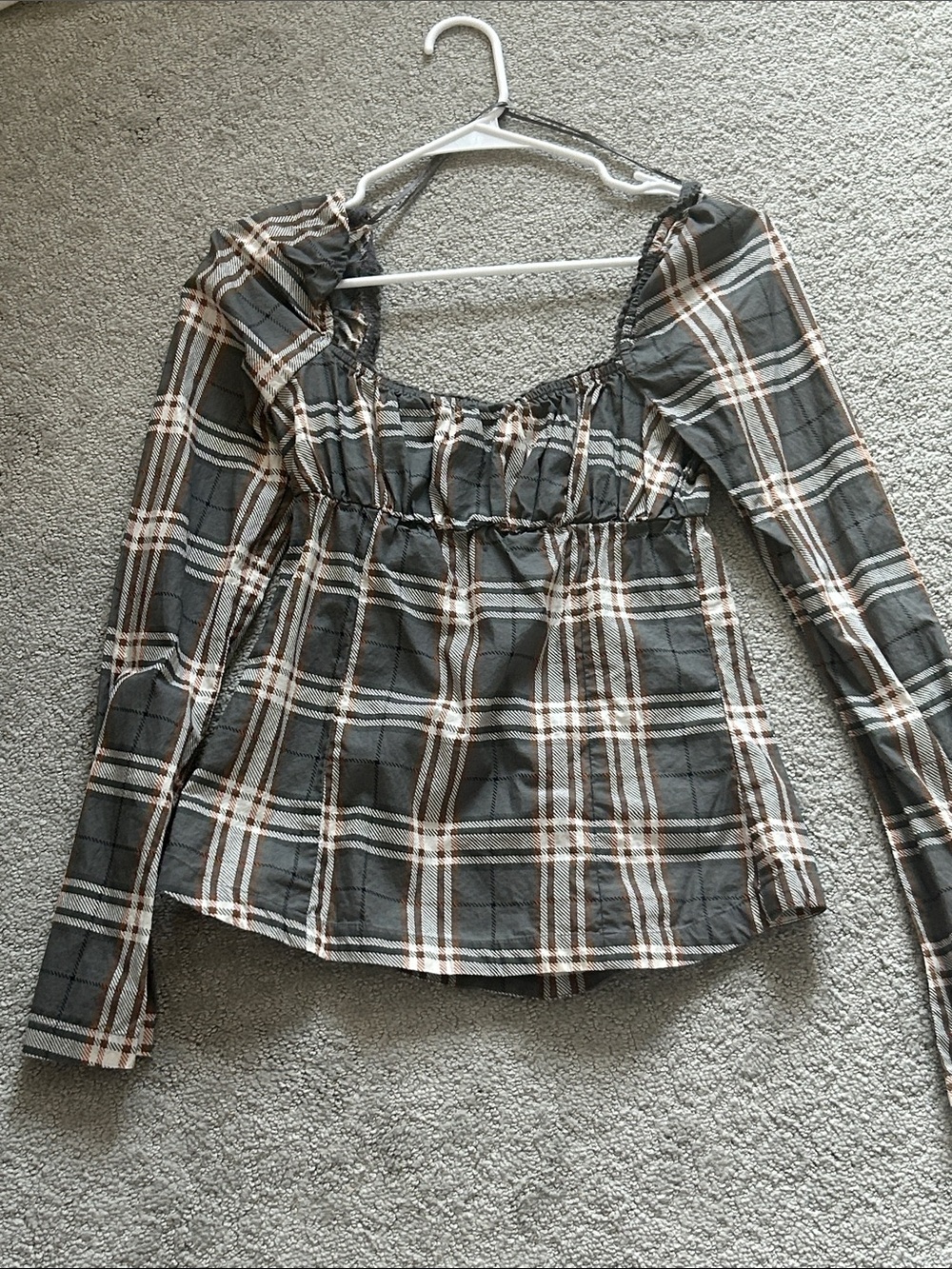 Babydoll Gray Plaid Peasant Blouse with Brown & White Accents